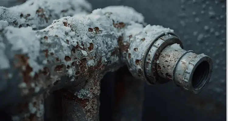 white and grey mineral deposits around radiator valve connections