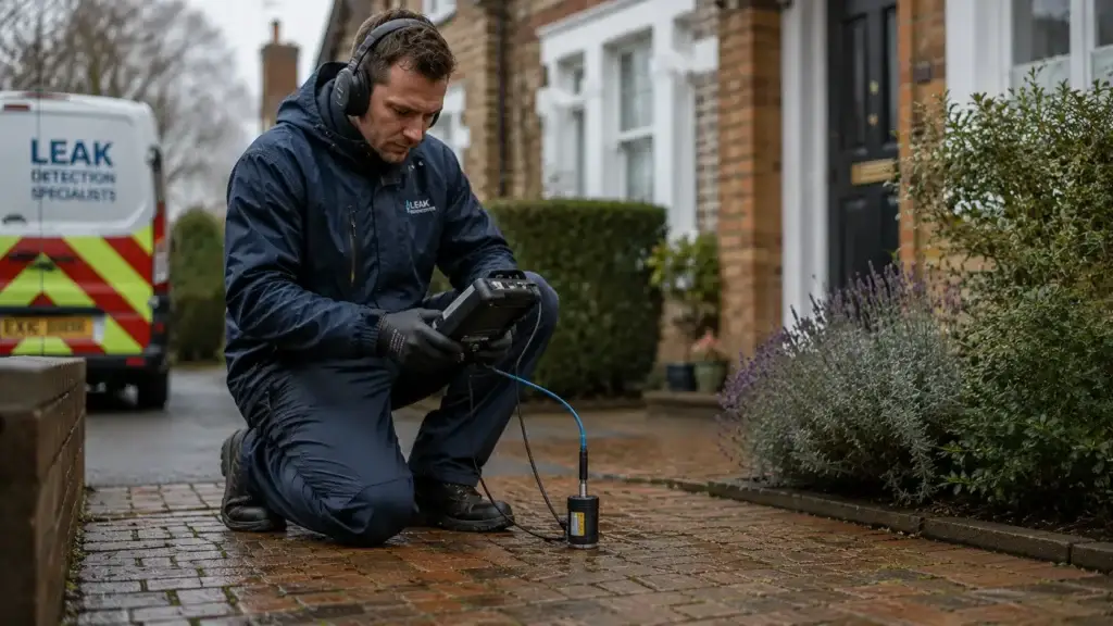 Specialist using acoustic equipment to locate underground supply pipe leak