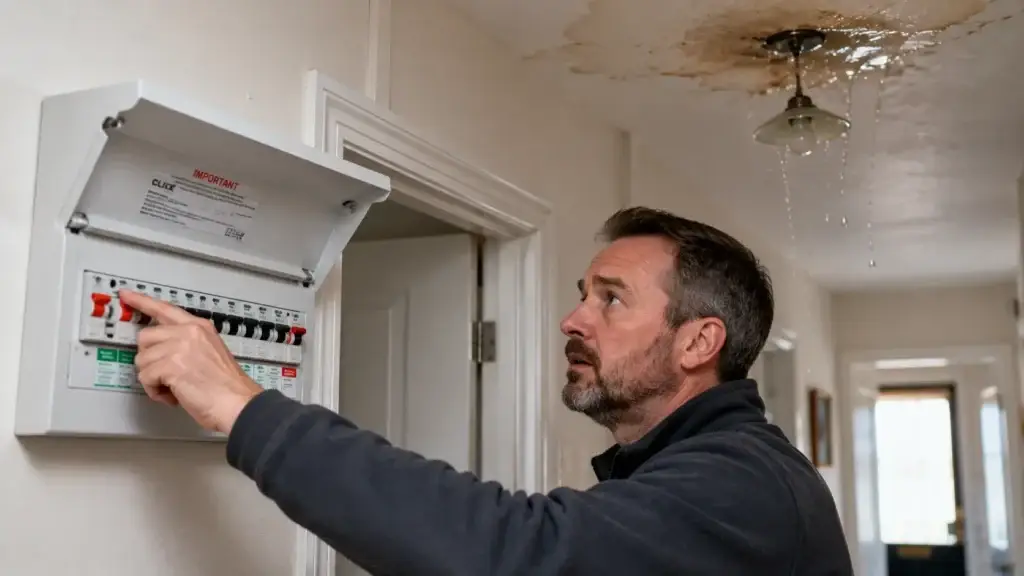 Turning off power during ceiling water leak emergency