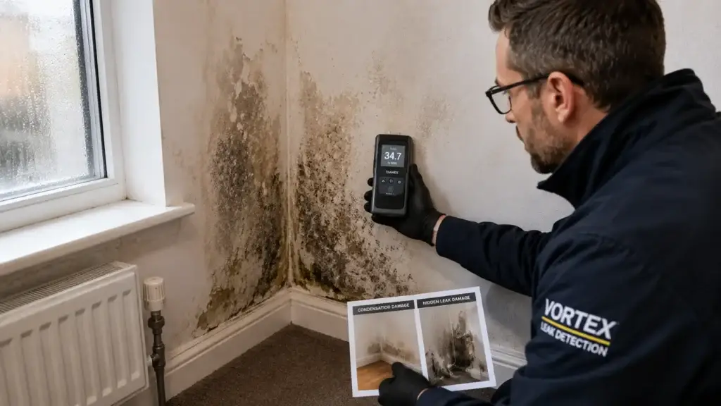 Moisture inspection identifying condensation or hidden leak damage