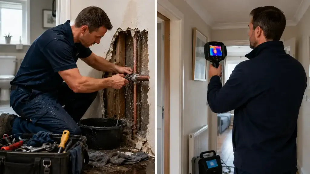 Emergency plumber and leak detection specialist investigating ceiling leak