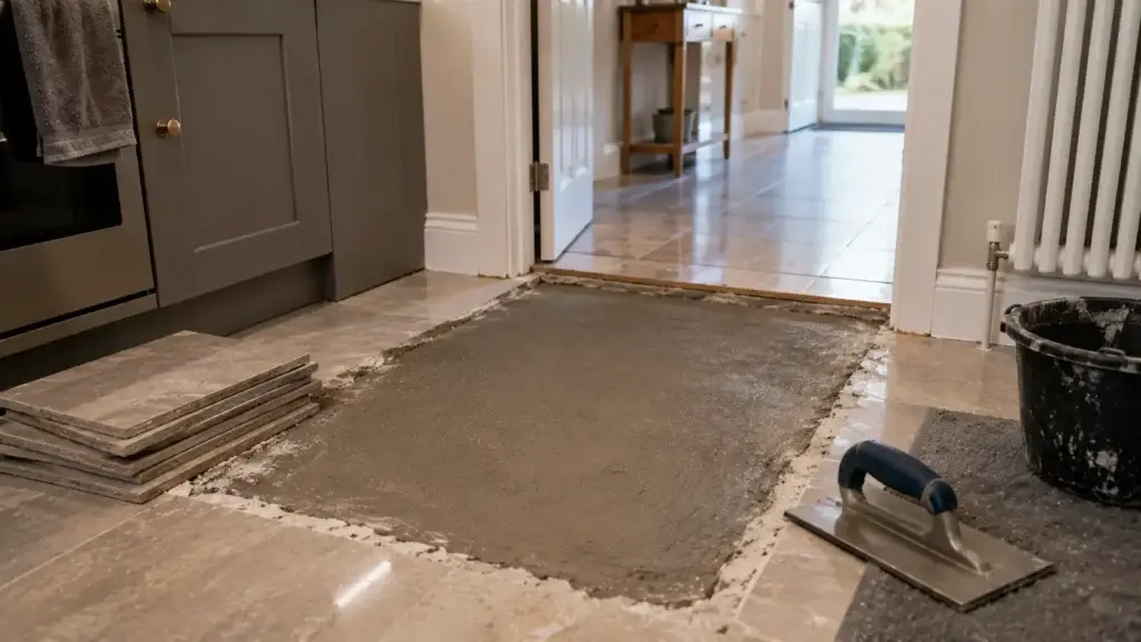 Concrete floor and tiles being reinstated after hidden water leak repair inside a home