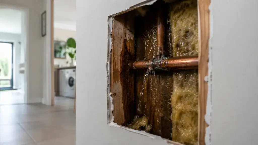 Concealed water leak inside a wall cavity with no visible surface signs in a residential property