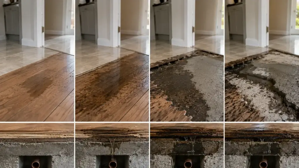 Hidden water leak beneath flooring causing progressive structural moisture damage inside a residential property
