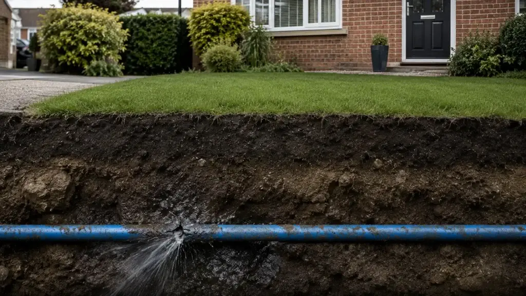 Hidden underground mains pipe leak beneath a garden with no visible surface water signs