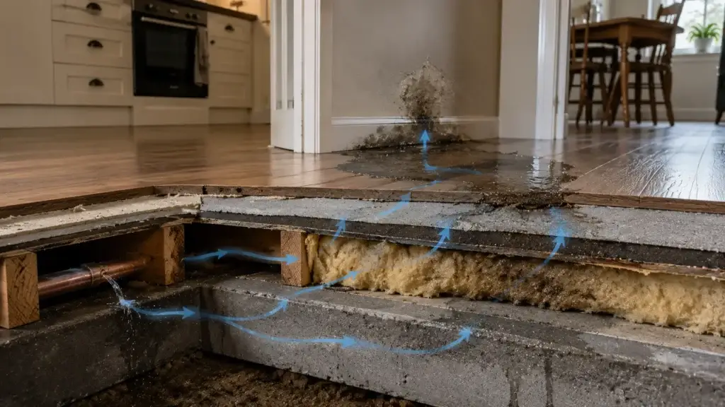 Water from a hidden pipe leak spreading through concrete, insulation, and timber flooring inside a property