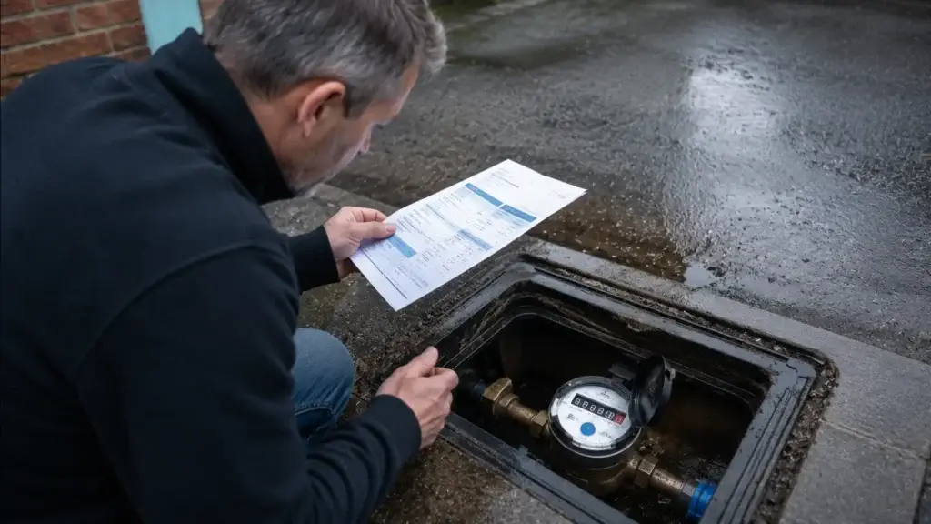 Homeowner checking moving water meter and unusually high water bill outside property
