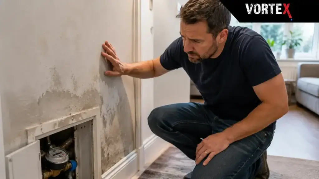 Homeowner checking for hidden water leak inside UK property
