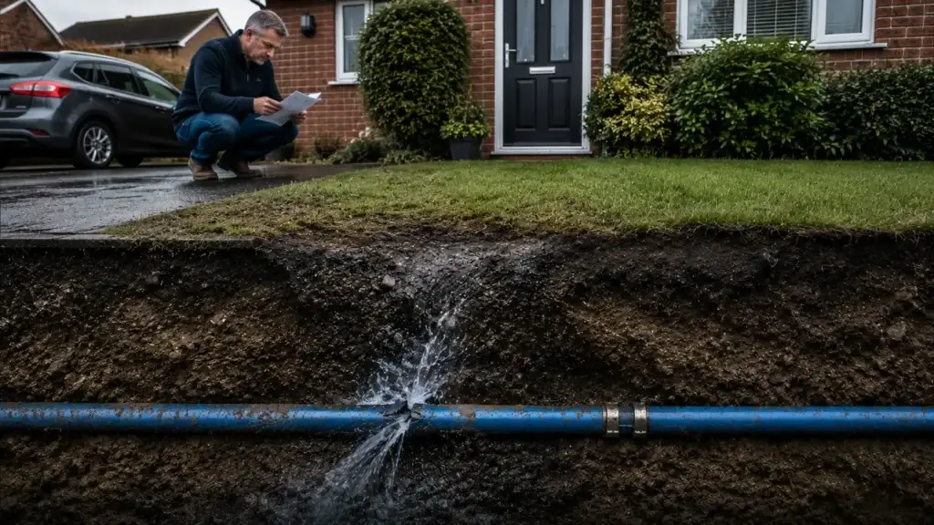 Hidden mains supply pipe leak causing underground damage and rising water costs at UK home