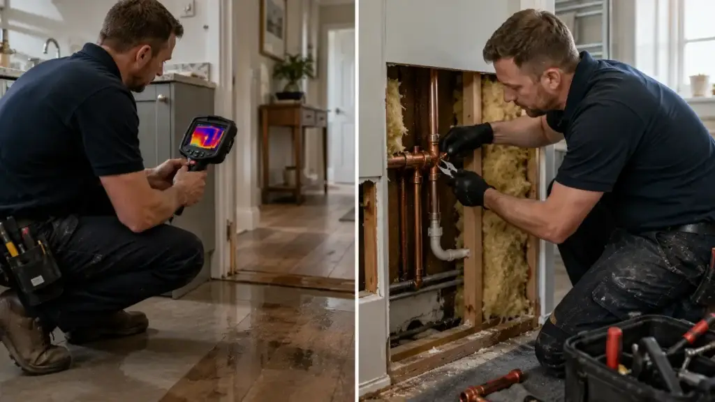Leak detection specialist locating hidden leak while plumber repairs exposed pipework in a residential property