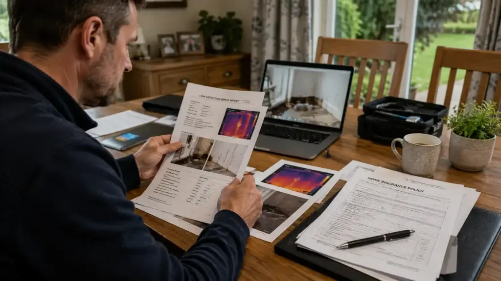 Homeowner reviewing specialist leak detection report and insurance documents after hidden leak investigation