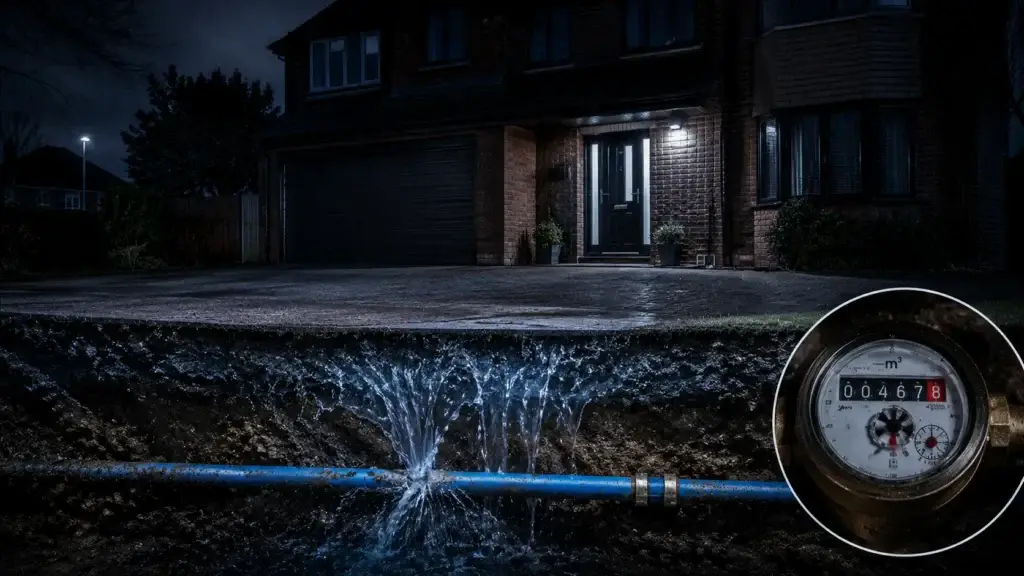 Continuous underground mains pipe leak causing rapid increase in household water usage