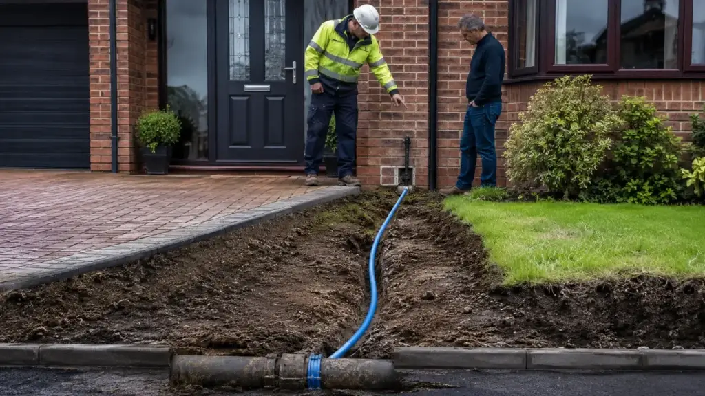 Underground mains supply pipe running from street water main into a UK residential property