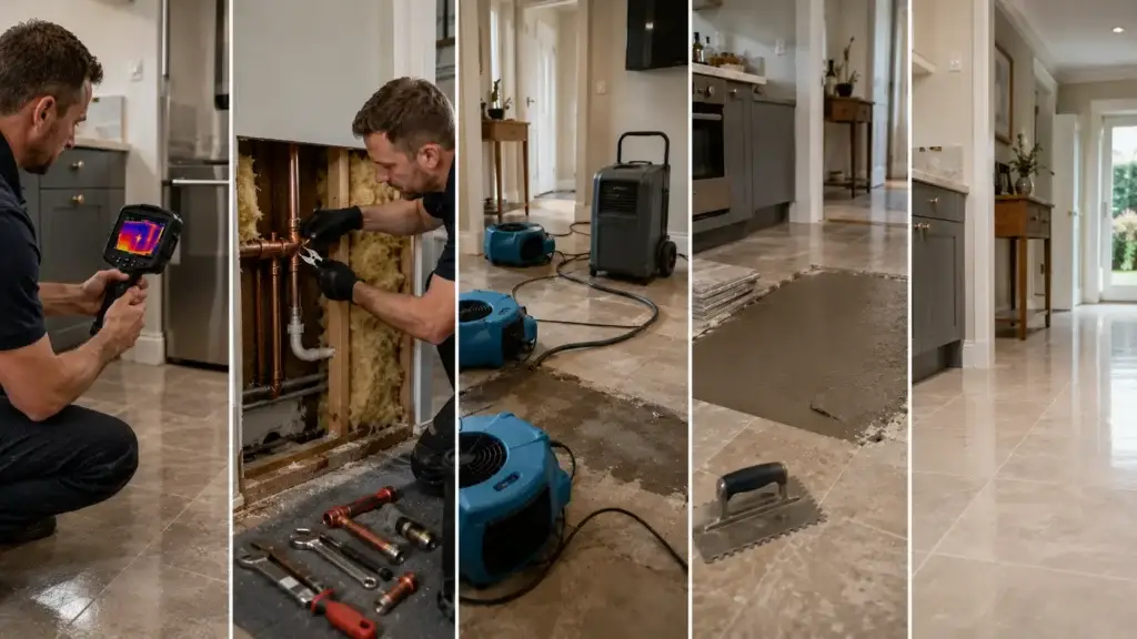 Stages of hidden leak repair process from specialist detection to drying and final reinstatement inside a home