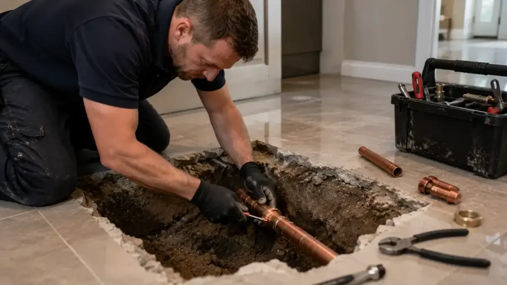 Qualified plumber repairing a hidden pipe leak exposed beneath a residential floor