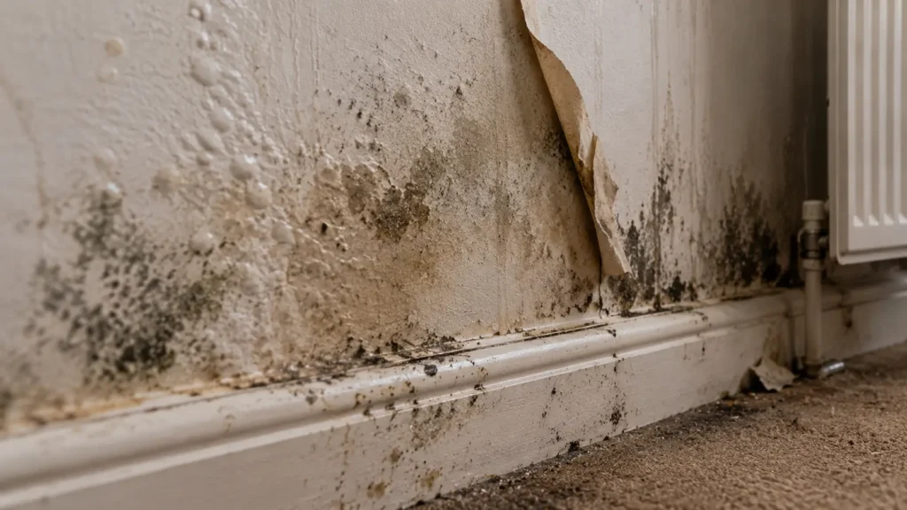 Visible signs of leaking pipe hidden inside wall