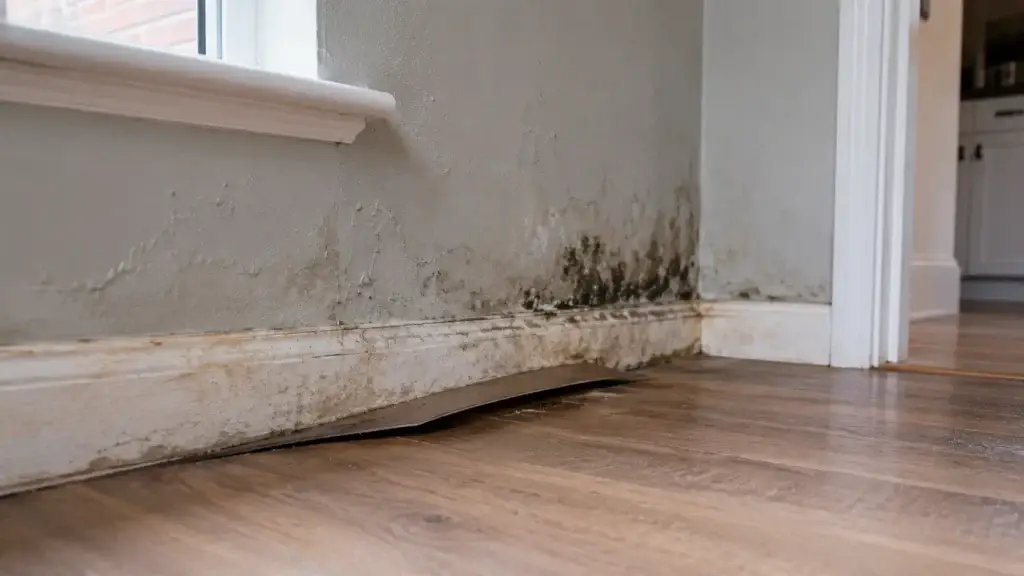 Visible warning signs of structural damage caused by a hidden water leak inside a residential property
