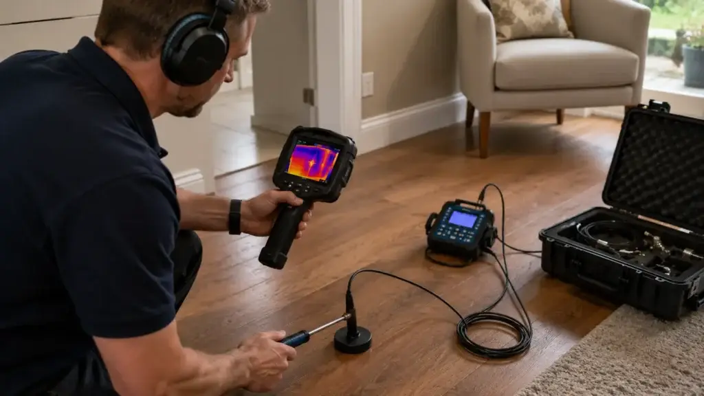 Leak detection specialist using thermal imaging equipment to locate a hidden water leak beneath flooring in a home