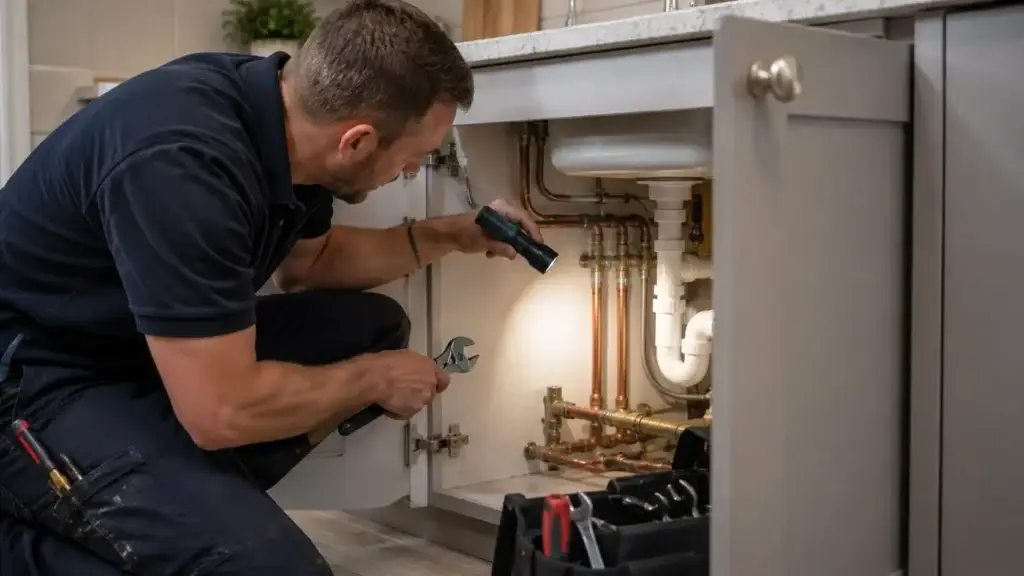 Professional plumber carrying out a standard inspection of accessible household pipework under a kitchen sink
