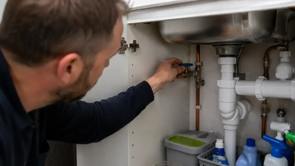 Turning internal stop tap to check for plumbing leak