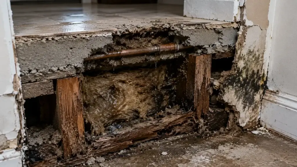 Structural damage from a hidden water leak affecting screed, timber, insulation, and plasterboard