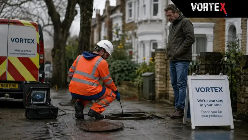 Thames Water engineer checking underground water leak near London property