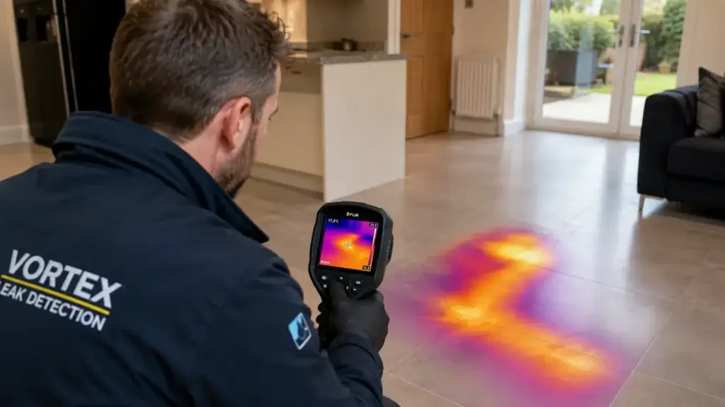 Thermal imaging detecting hidden underfloor heating leak