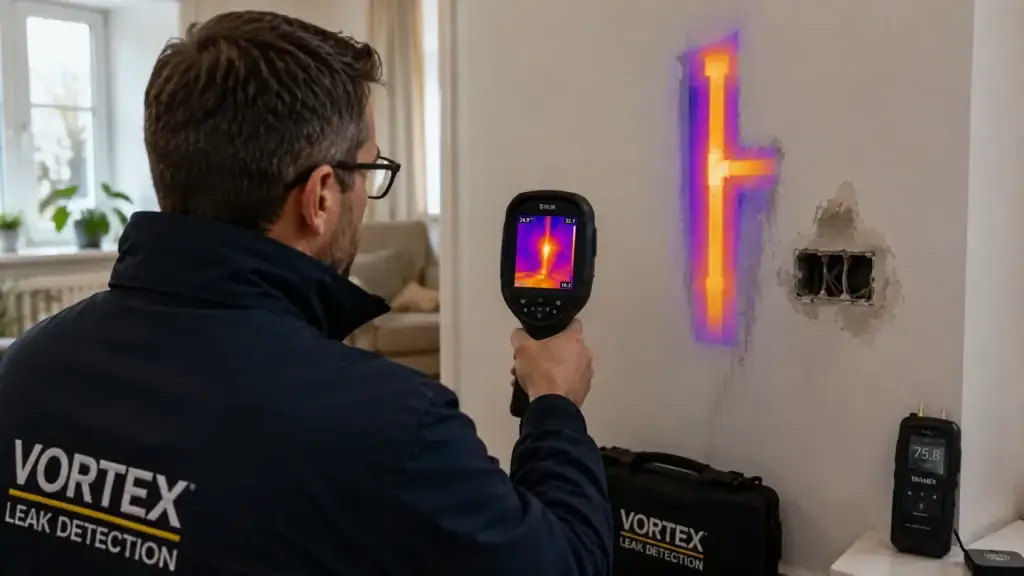 Thermal imaging locating hidden pipe leak behind wall