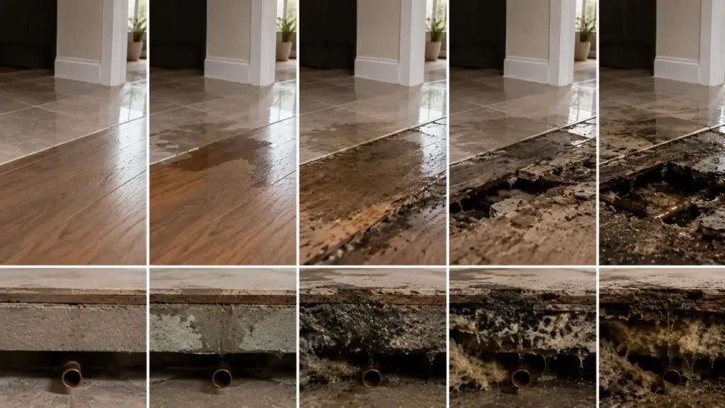 Progression of structural damage caused by a hidden water leak over weeks and months inside a home