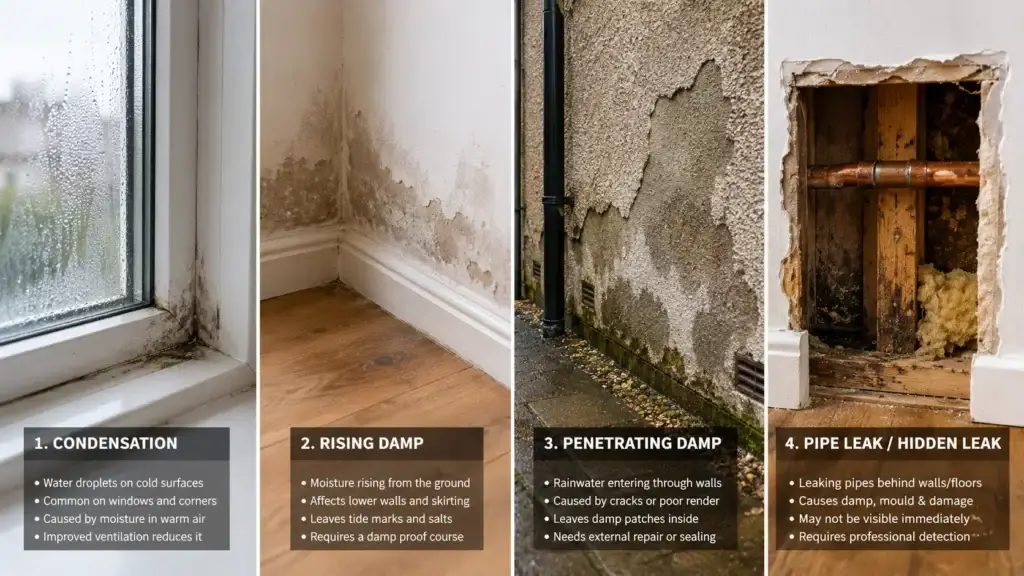 Different types of damp found in rented UK properties