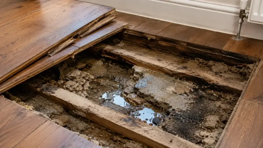 Structural floor damage caused by leaking underfloor heating