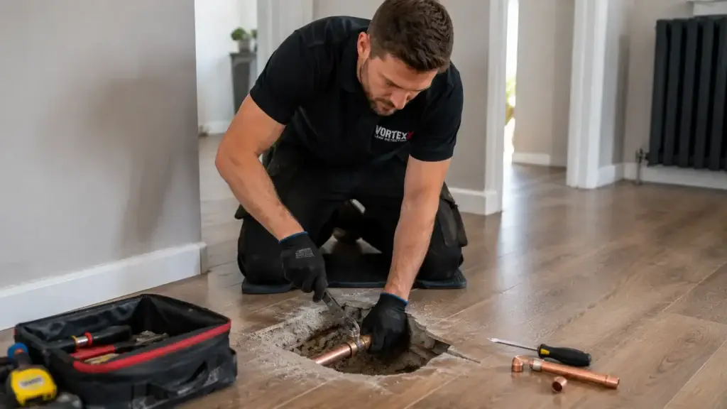 Underfloor pipe repair after leak detection UK Vortex Leak Detection