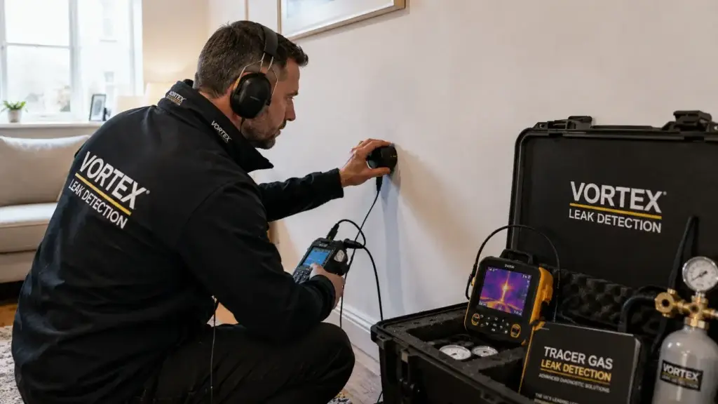 Vortex Leak Detection specialist locating hidden wall pipe leak