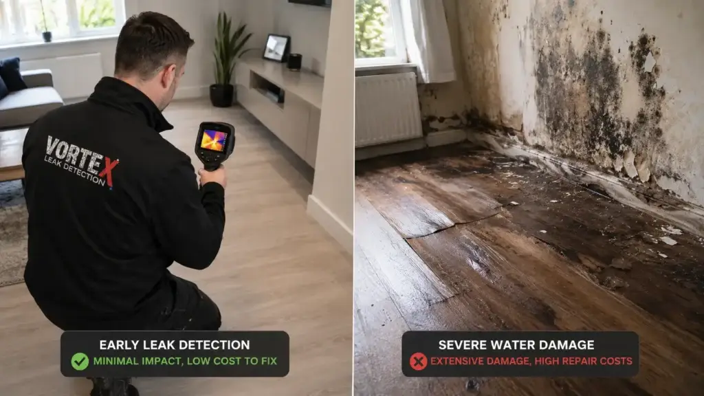 Water leak damage vs early detection UK Vortex Leak Detection