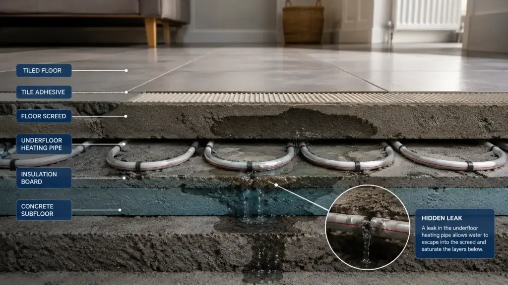 Wet underfloor heating pipes hidden beneath floor screed