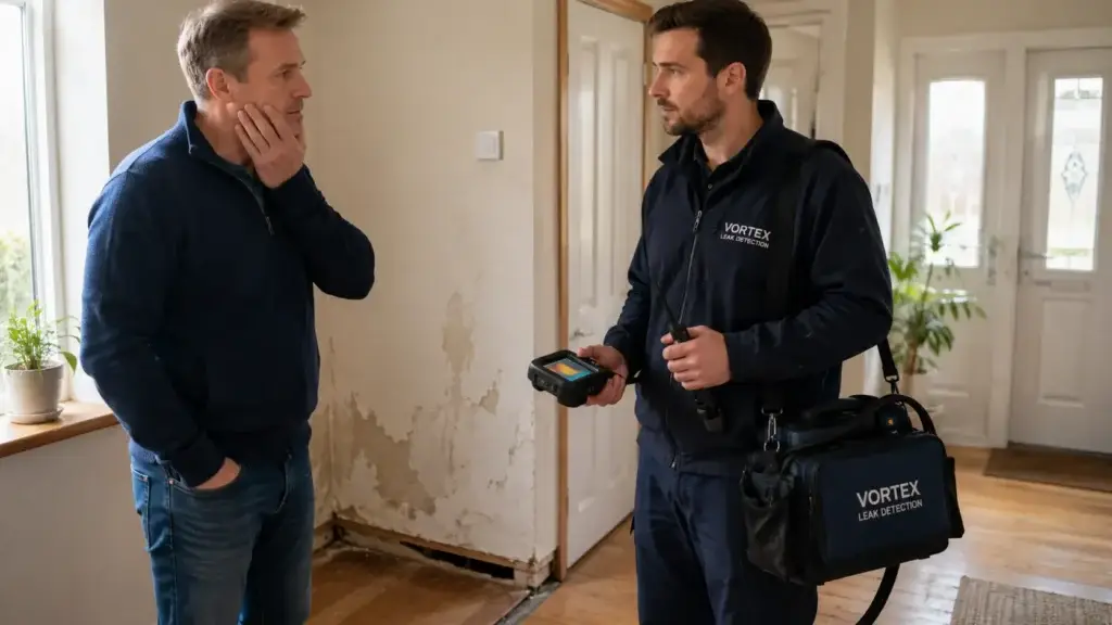 Homeowner calling leak detection specialist after finding water leak signs